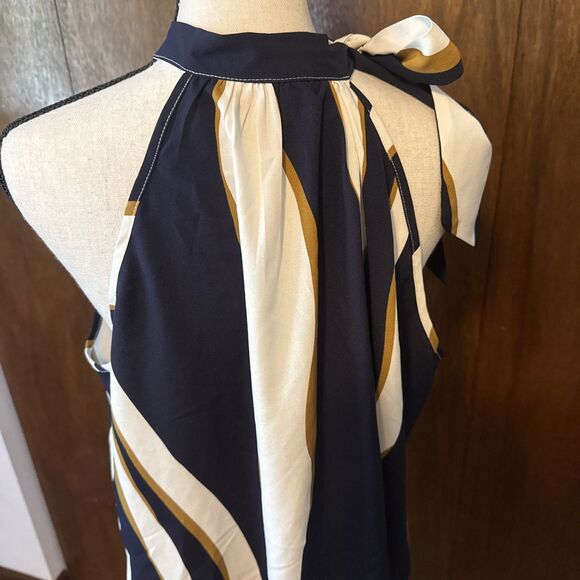 Polyester Blue/Tan/Cream Striped Bow Tie Shoulder Blouse XXL - Picture 5 of 7